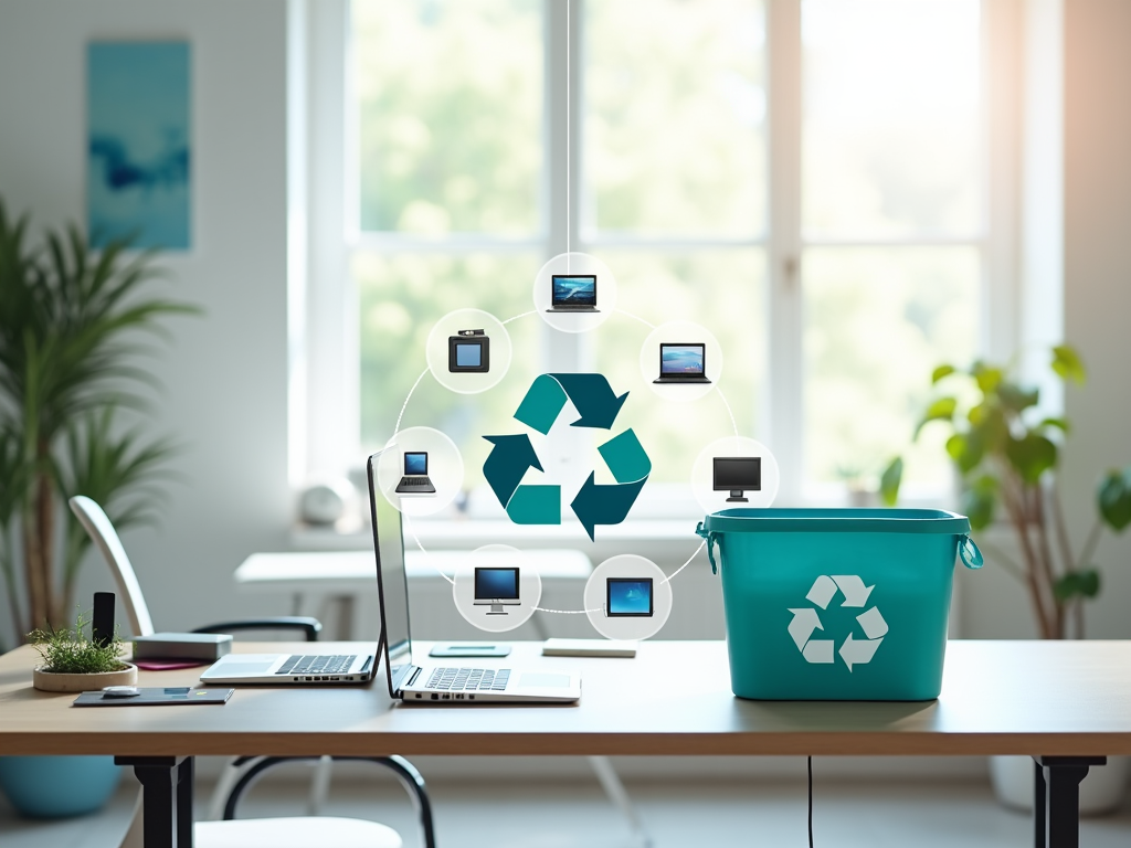 Home office setup showing electronic devices connected to a recycling symbol, emphasizing e-waste management.