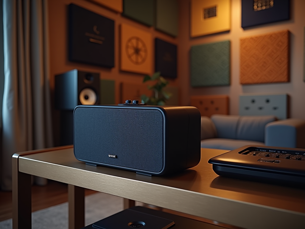 Modern speaker on a table in a cozy room with decorative sound panels and soft lighting.