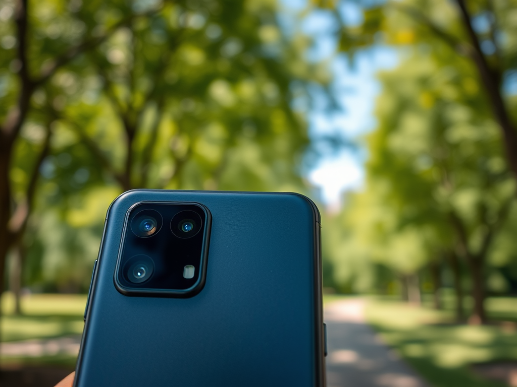 A close-up of a smartphone held in a hand, with a blurred green park background.