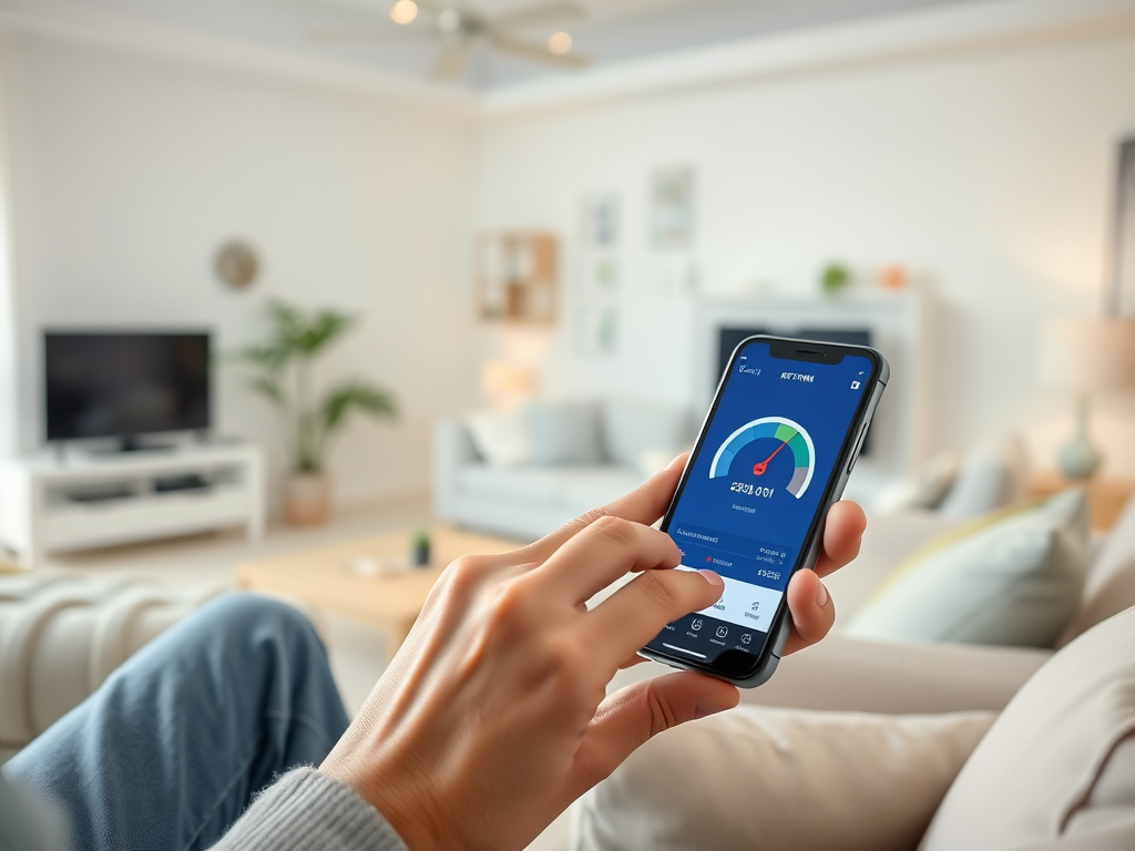 A person holding a smartphone displaying a performance gauge in a bright, modern living room setting.