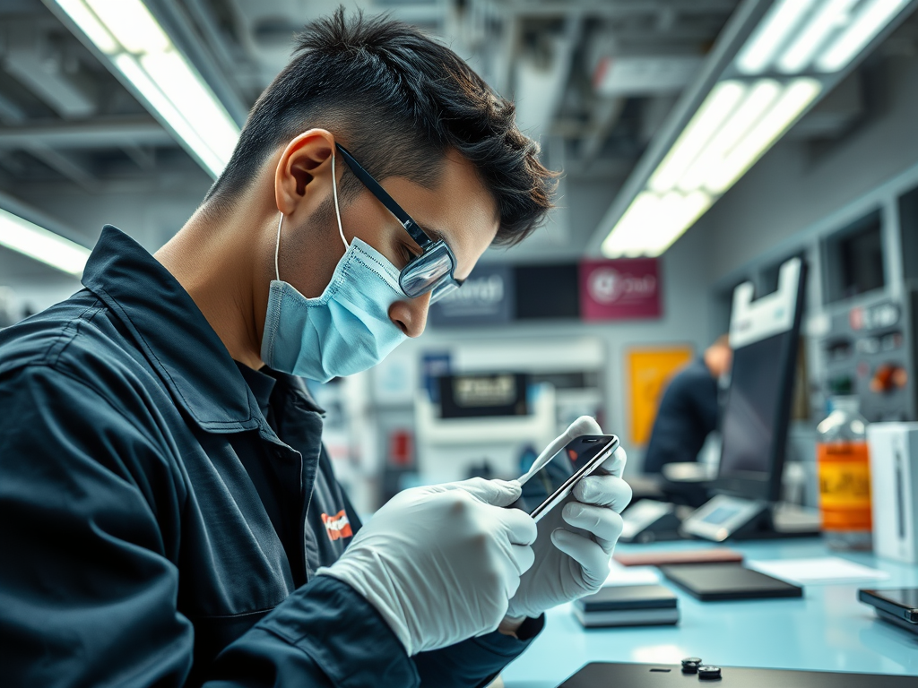 A technician wearing gloves and a mask inspects a smartphone at a workstation, focused and precise in their work.