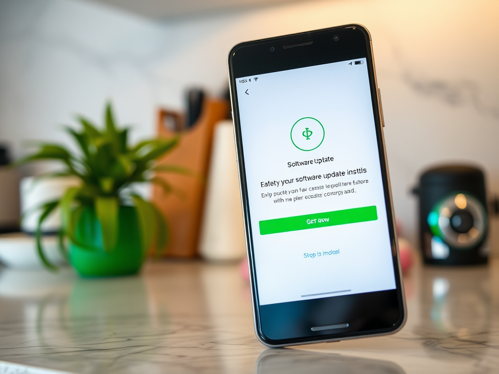 A smartphone displays a software update prompt with a green "Get now" button and a plant in the background.