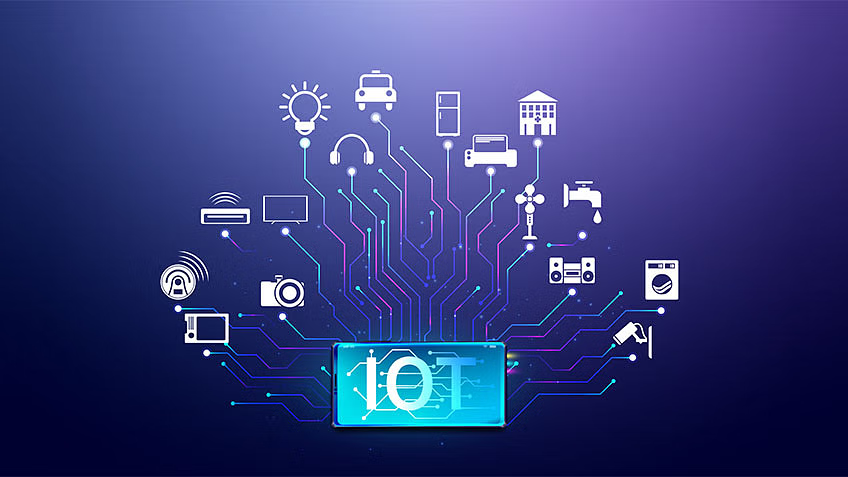 Illustration of IoT devices connected to a central hub, symbolizing IoT's influence on daily life.