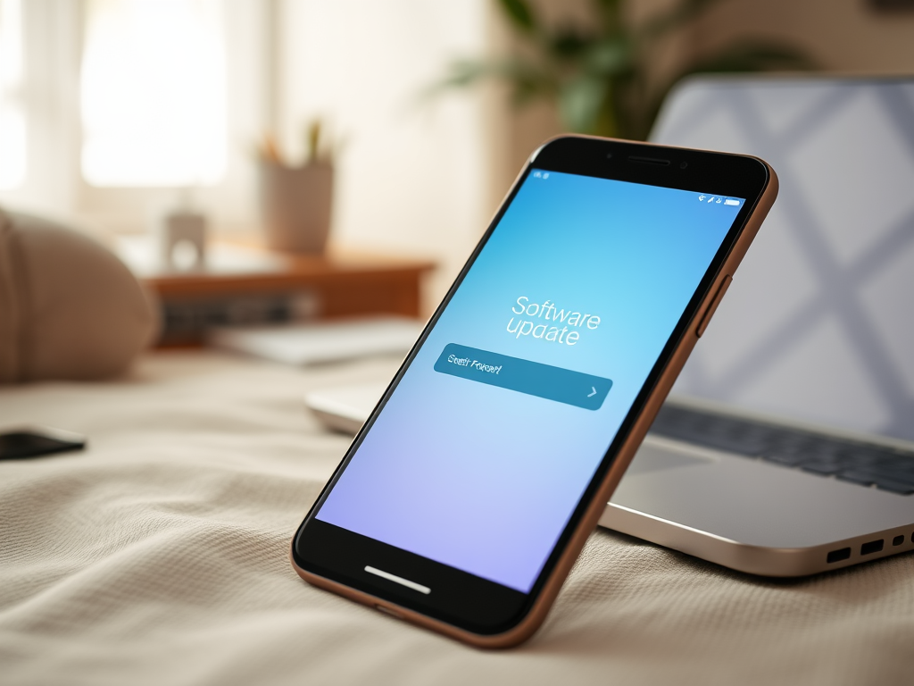 A smartphone displays a "Software Update" screen, with the option to "Get it Now," next to a laptop on a bed.