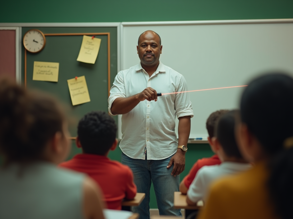 Teacher using a laser pointer during a class discussion in a schoolroom.