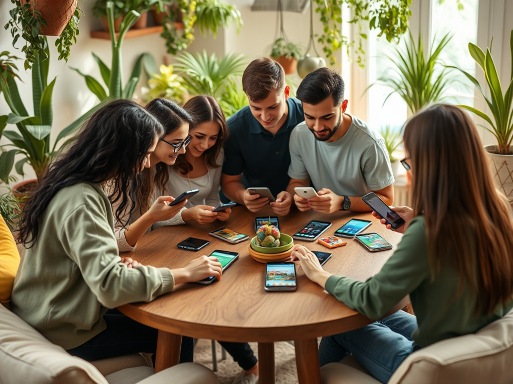 A group of six young adults sit around a table, each engaged with their smartphones, surrounded by greenery.