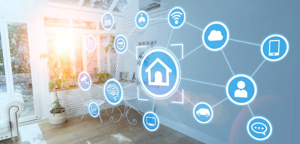 Various smart home icons interconnected, visualizing a network setup in a modern living room.