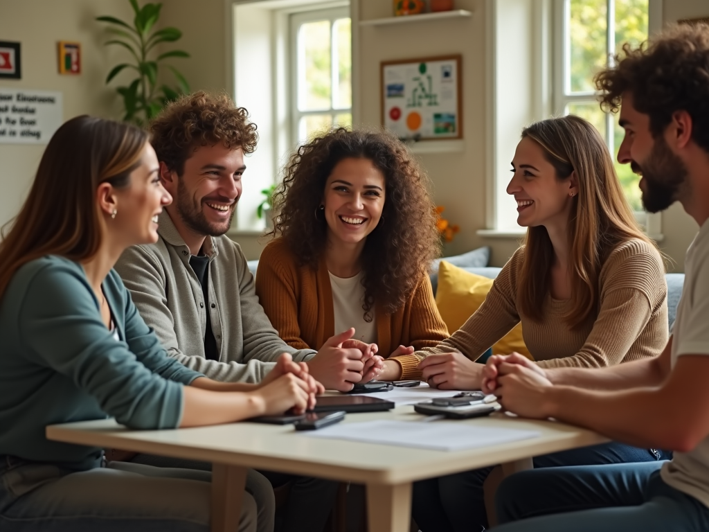 Five friends laughing and chatting around a table in a cozy living room.