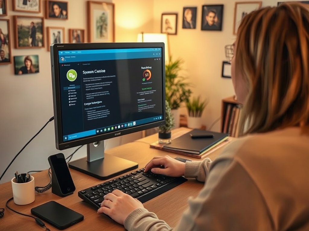 A person working at a desk with a computer, typing while a website is displayed on the monitor, surrounded by plants.