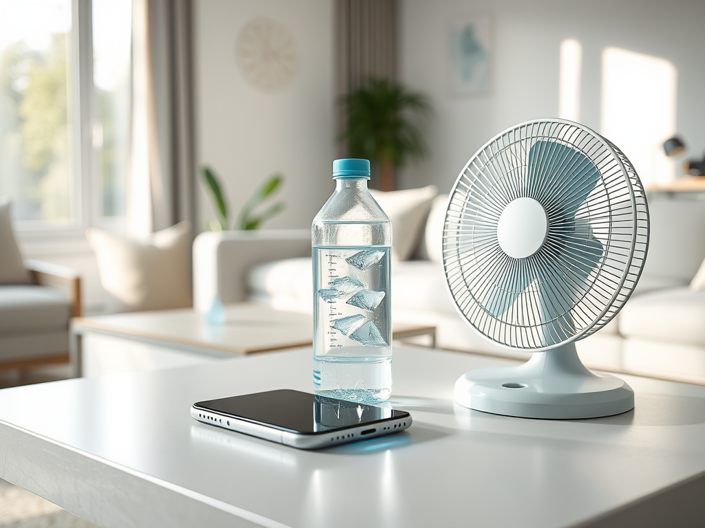 A water bottle, a smartphone, and a small fan on a white table in a bright, modern living room setting.