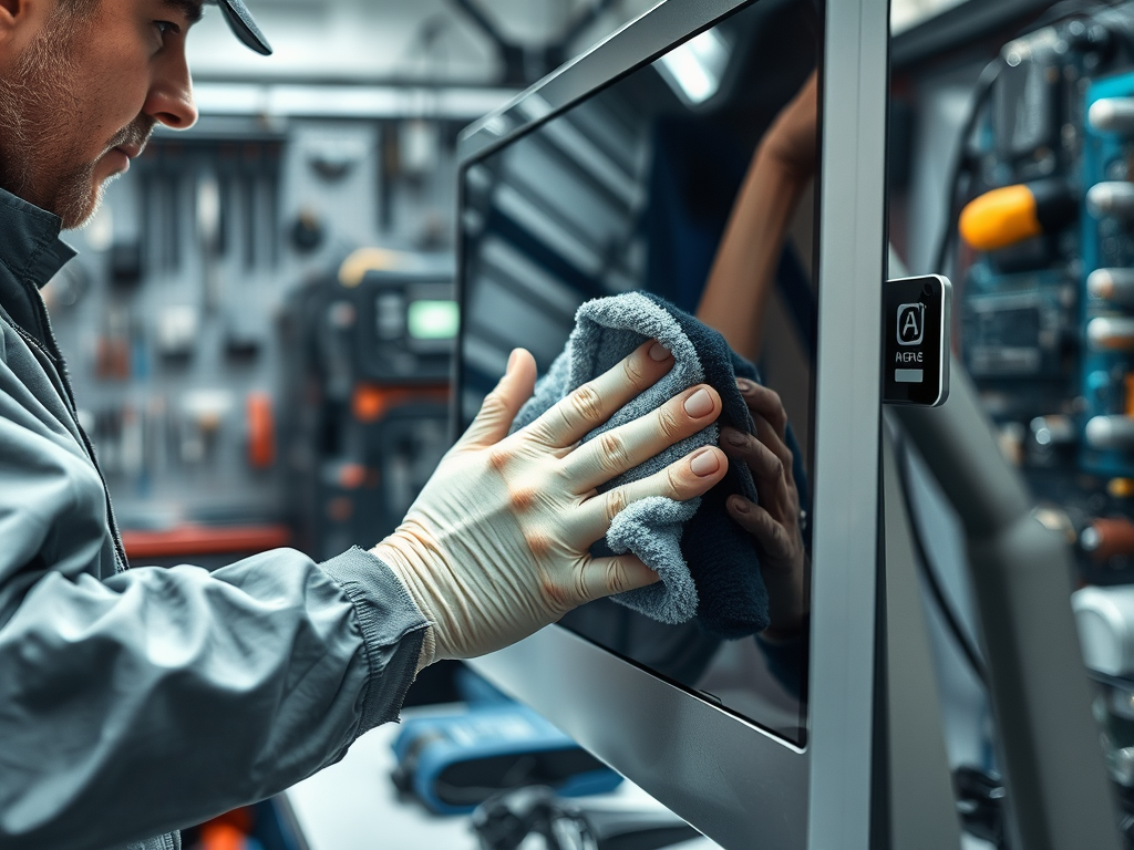 A person wearing gloves cleans the screen of a monitor in a workshop, tools visible in the background.