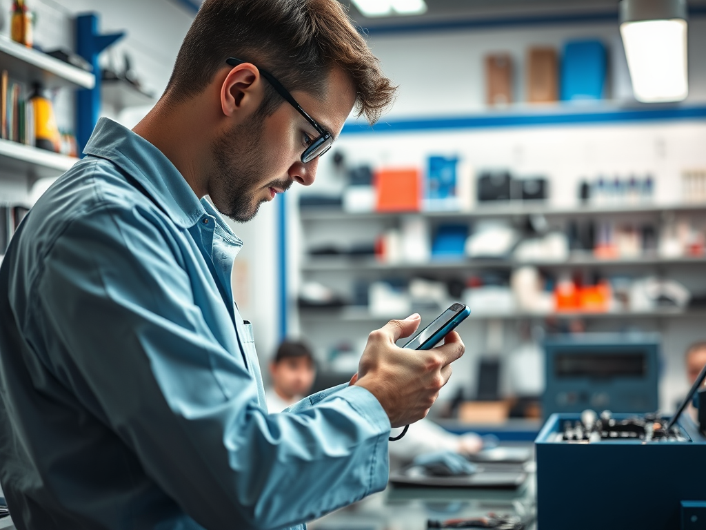 A man in glasses focuses intently on his smartphone in a tech workshop filled with equipment and shelves.