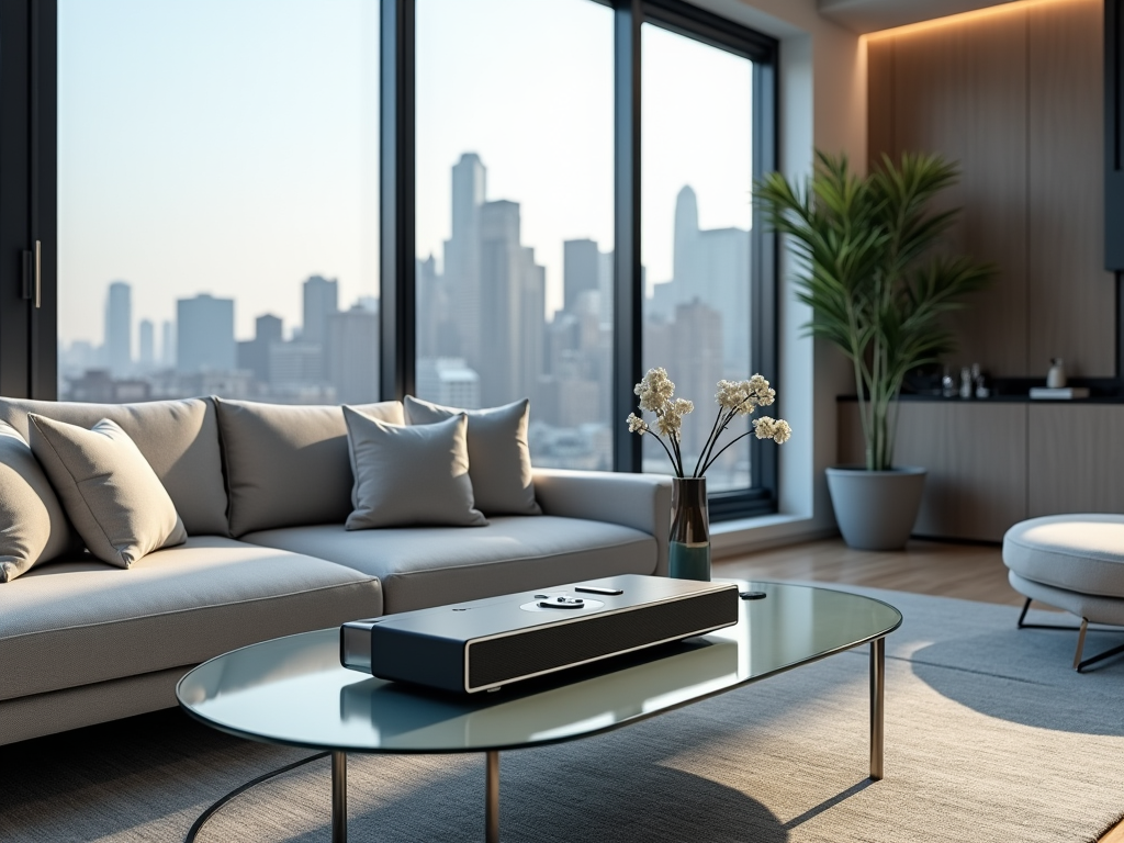 Modern living room with city skyline view, featuring a grey sofa, glass coffee table, and indoor plants.