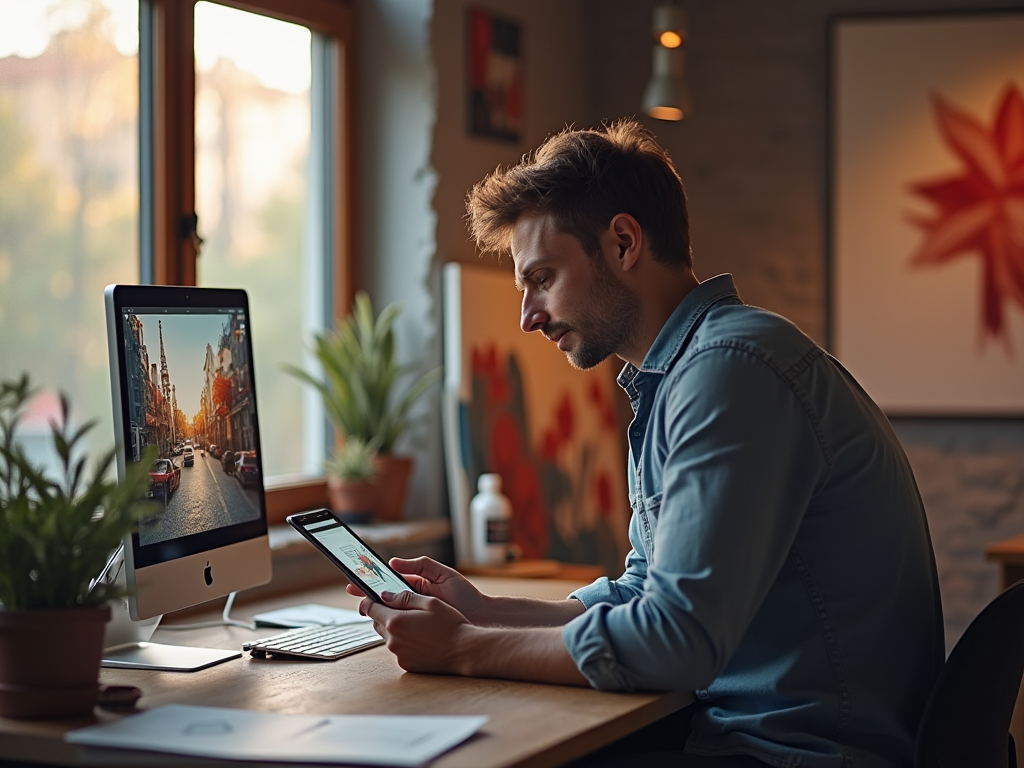 Man using smartphone at desk with computer displaying city street view.