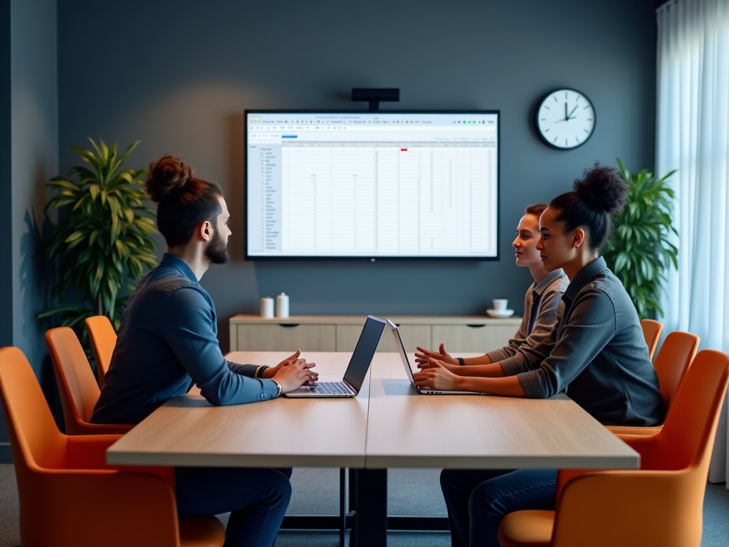 Three professionals discuss data on a laptop in a modern office.