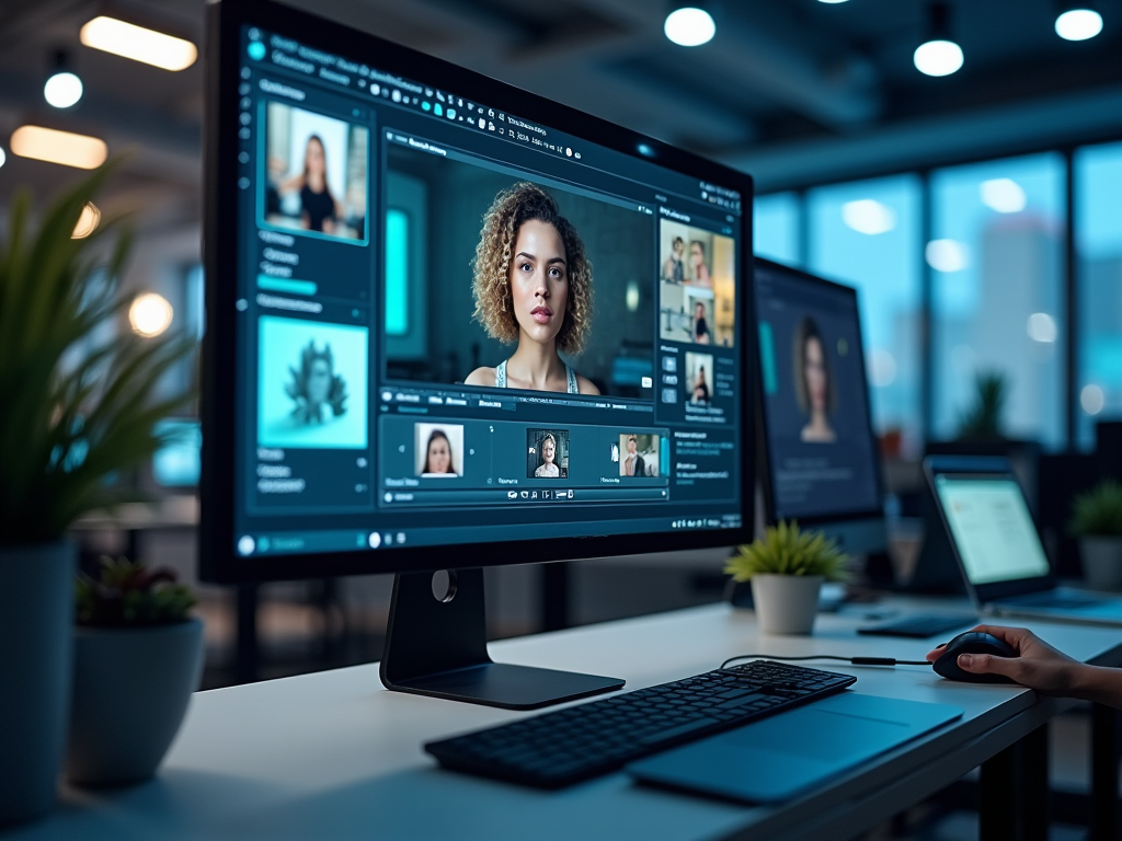 Dual computer screens displaying photo editing software in a modern office at twilight.