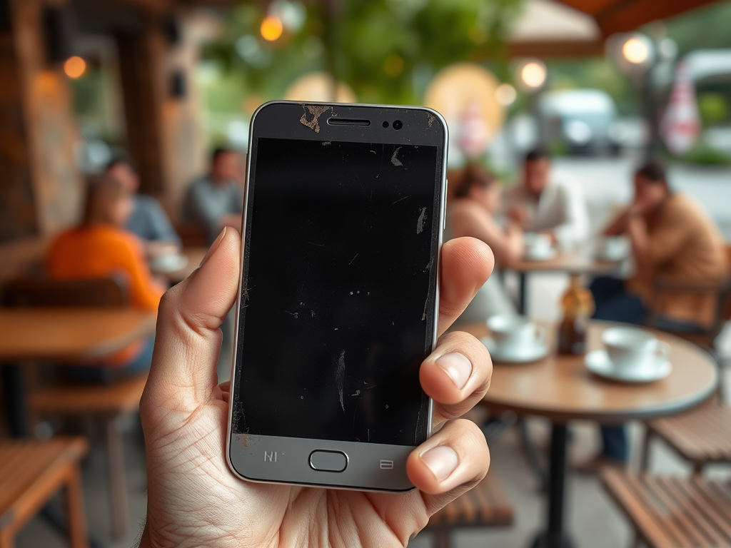 A person holding a smartphone with a cracked screen, seated at a cafe with people in the background.