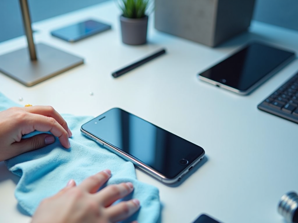 Person cleans smartphone on desk surrounded by tech gadgets.