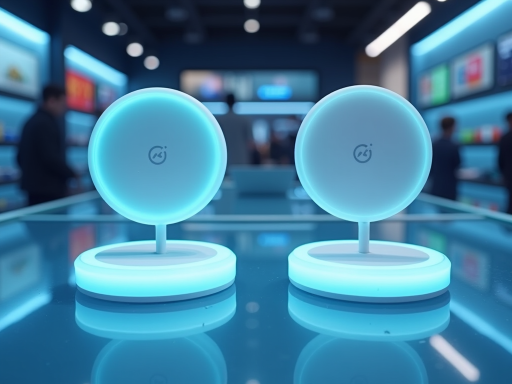 Two glowing, modern circular wireless devices displayed on a glossy blue surface in a technology store.