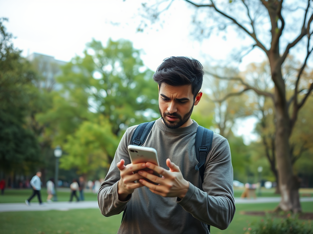A young man in a gray sweatshirt and backpack looks intently at his phone in a park setting.