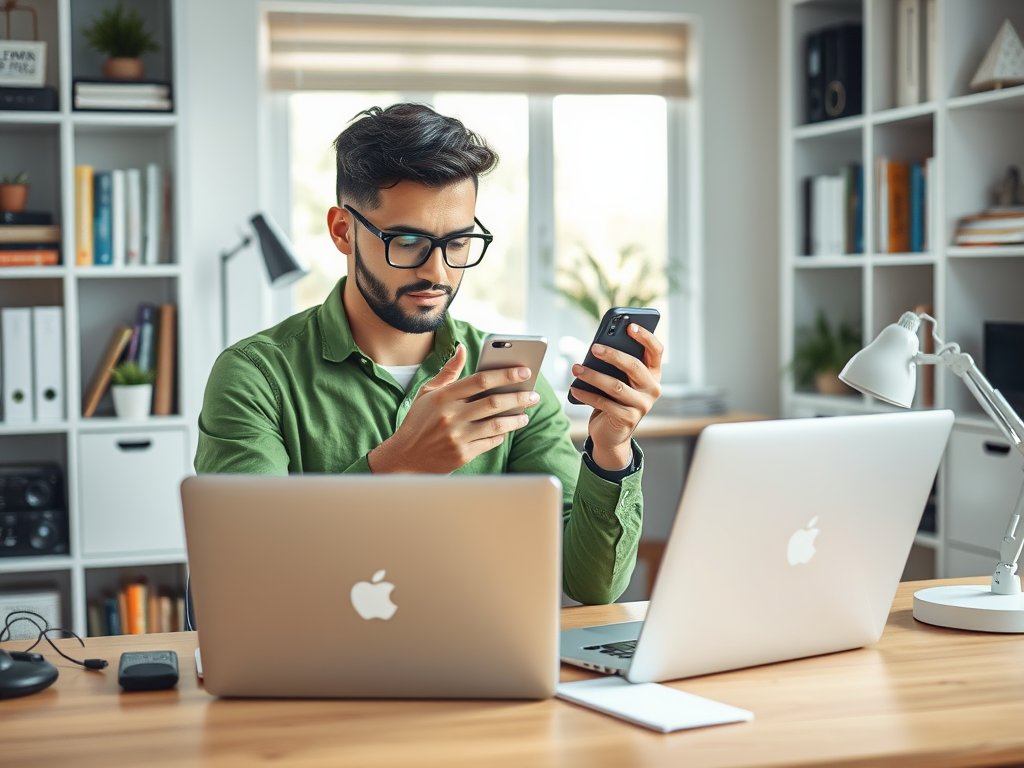 A man in a green shirt sits at a desk, using two smartphones with laptops nearby in a bright workspace.