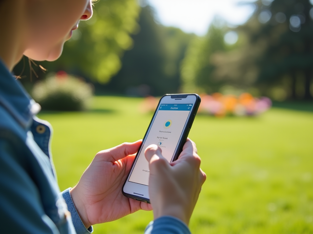 Person using a smartphone app outdoors with a view of a sunlit park.