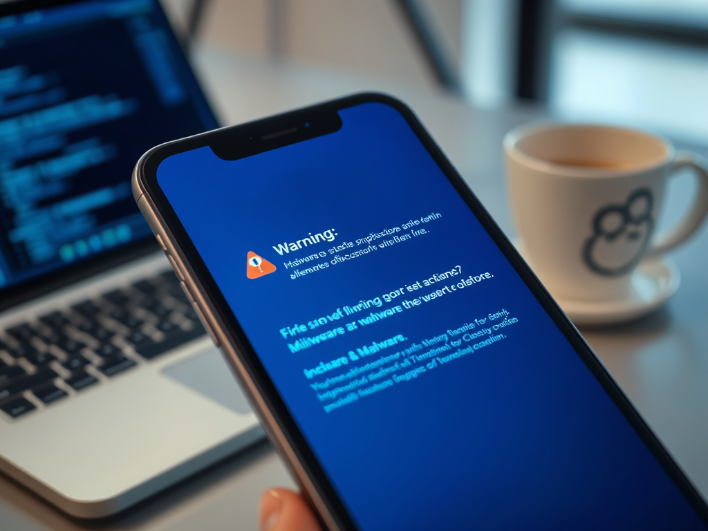 A smartphone displays a warning about malware, with a blue background and a cup of coffee in the scene.
