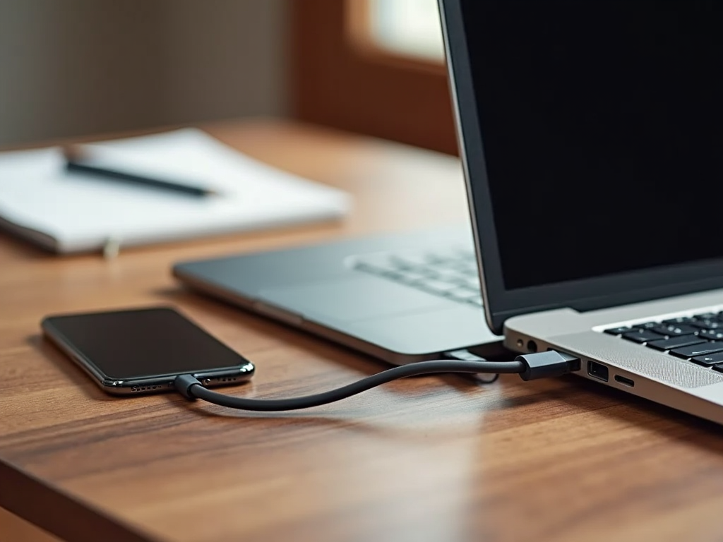 Smartphone connected to laptop via USB cable on a wooden desk, with a notebook and pen in the background.