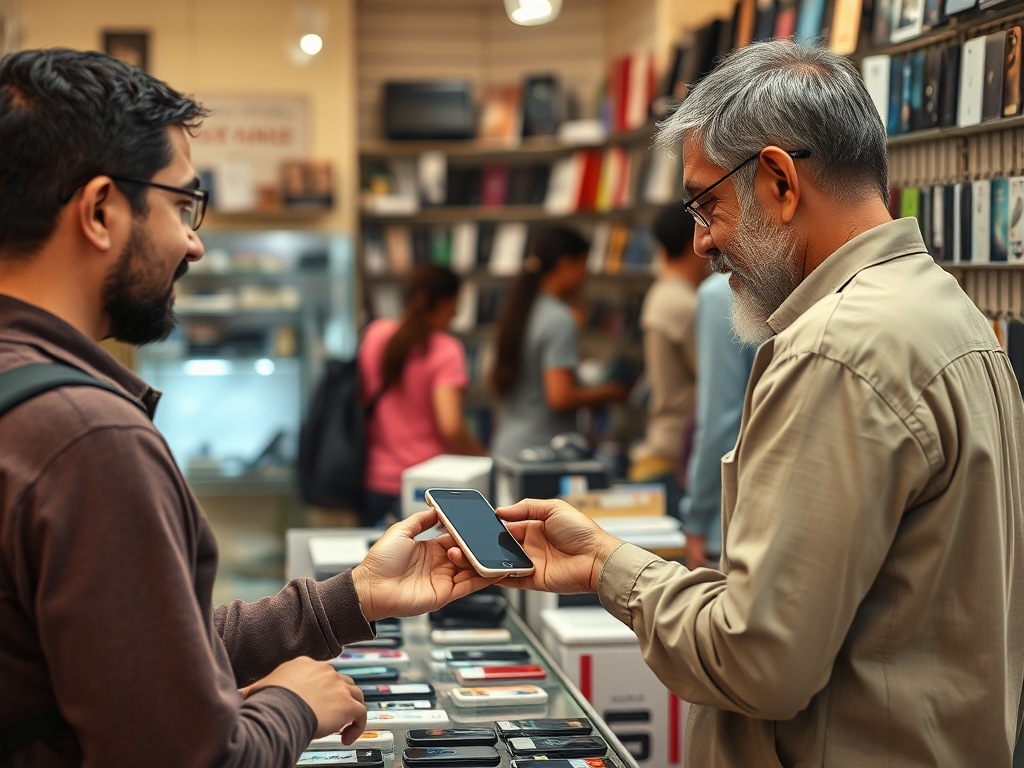 A young man shows a smartphone to an older man in a mobile phone shop filled with various devices.