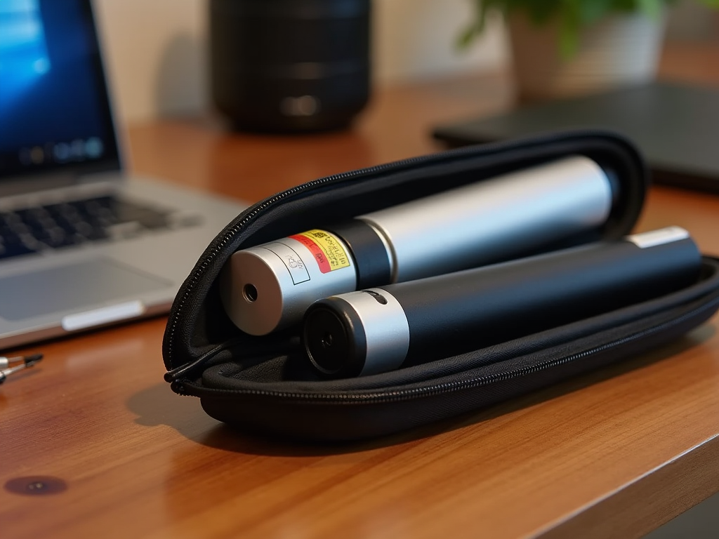 EpiPens in a case on a wooden desk next to a laptop and houseplant.