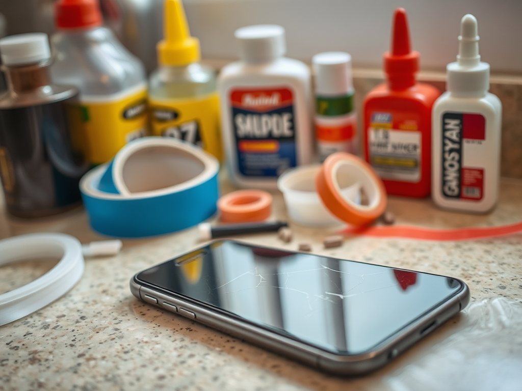 A cracked smartphone lies on a countertop surrounded by various bottles of glue, tape, and repair supplies.