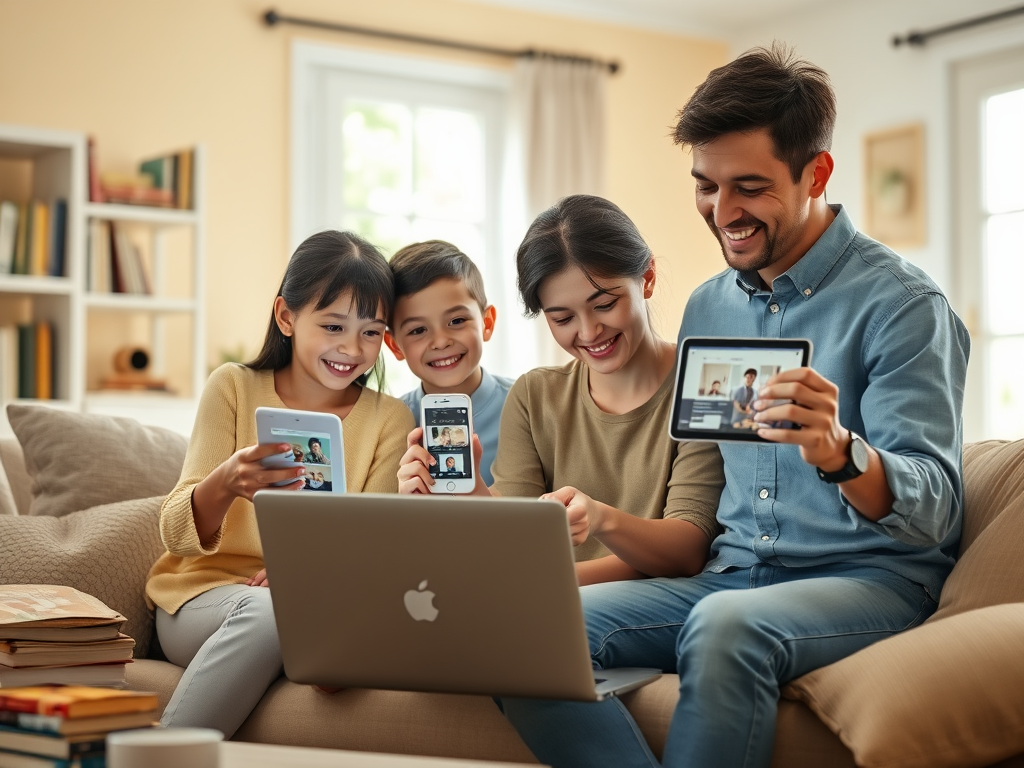 A family of four is happily using their devices together while sitting on a couch at home.