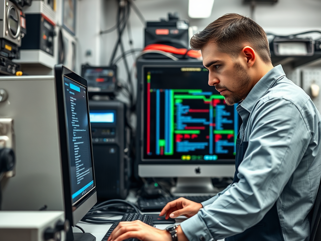 A focused young man works at a computer surrounded by advanced technology in a high-tech environment.